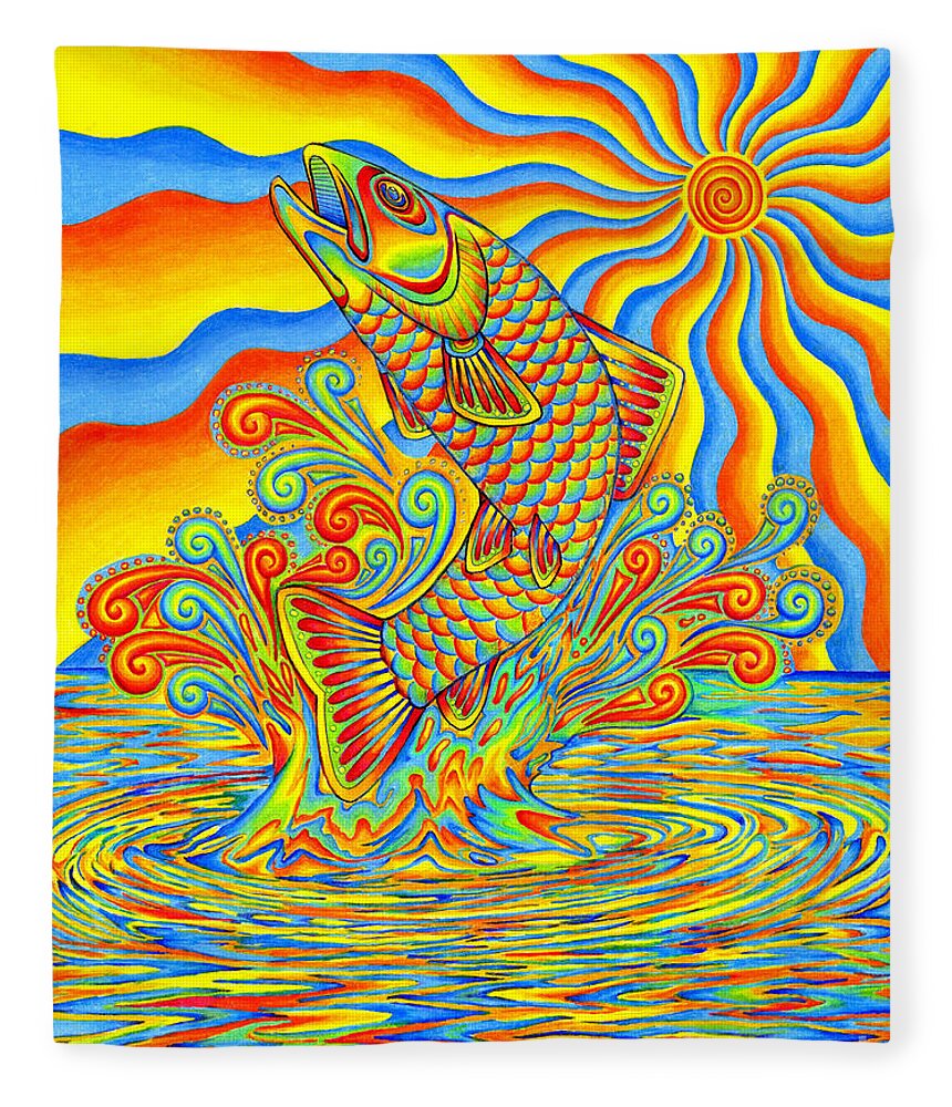Psychedelic Fleece Blanket featuring the drawing Psychedelic Rainbow Trout Fish by Rebecca Wang