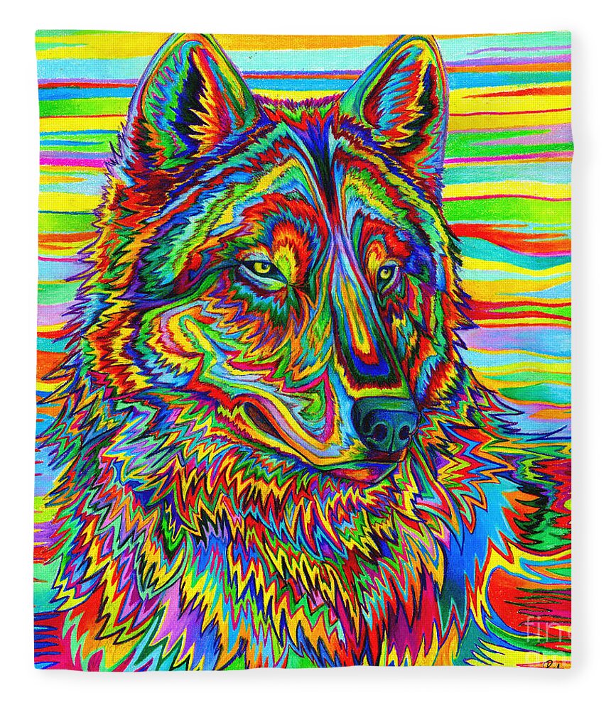 Psychedelic Fleece Blanket featuring the drawing Psychedelic Wolf by Rebecca Wang