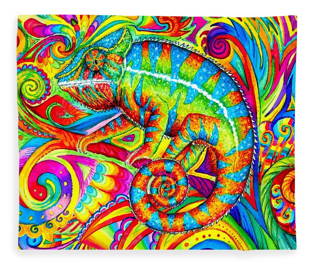 Chameleon Fleece Blanket featuring the drawing Psychedelizard - Psychedelic Rainbow Chameleon by Rebecca Wang