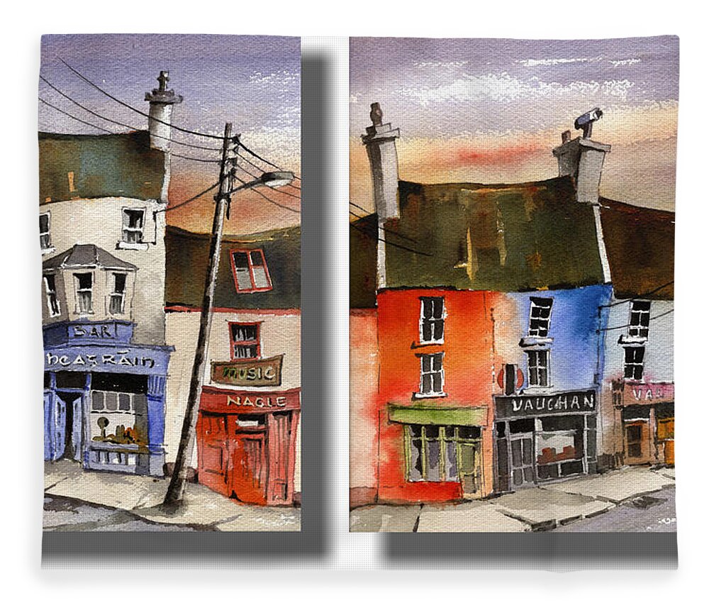 Ireland Fleece Blanket featuring the painting Pub street, Ennistymon, Co. Clare by Val Byrne