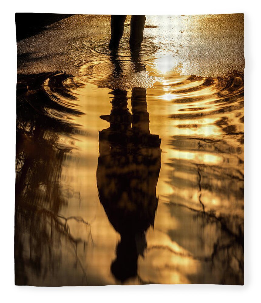 Reflection Fleece Blanket featuring the digital art Puddle Reflection 01 Warm Golden City Light by Matthias Hauser