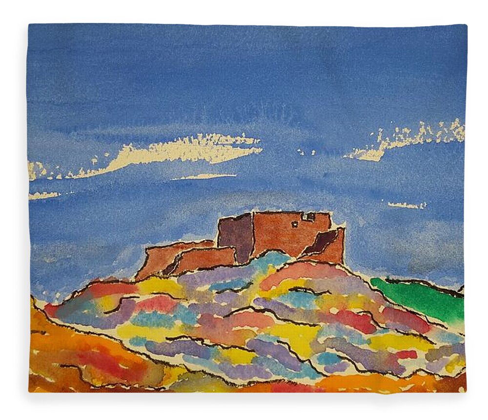 Watercolor Fleece Blanket featuring the painting Pueblo of Lore by John Klobucher