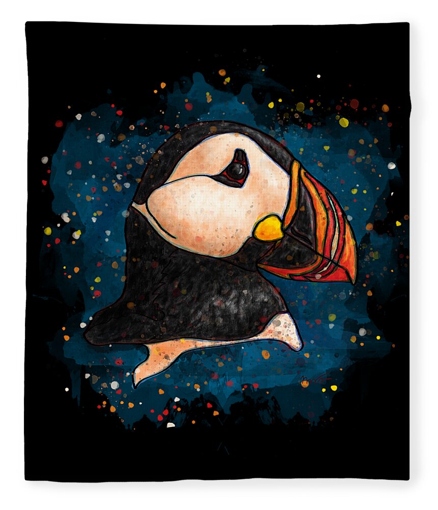 Puffin Fleece Blanket featuring the painting Puffin head on black background, Splatter art puffin by Nadia CHEVREL