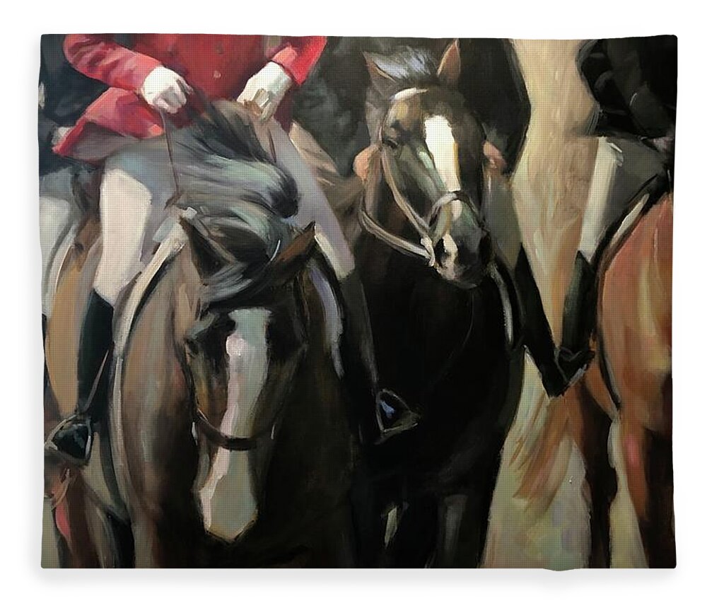 Horse Horses Foxhunt Animals Equestrian Oil Painting Contemporary Fleece Blanket featuring the painting Pulling on the rein by Susan Bradbury