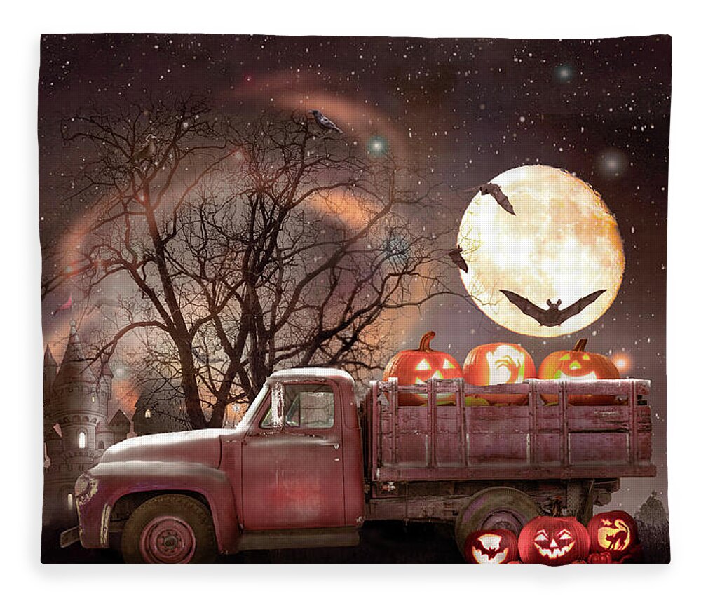 Truck Fleece Blanket featuring the photograph Pumpkins under the Halloween Country Moon by Debra and Dave Vanderlaan