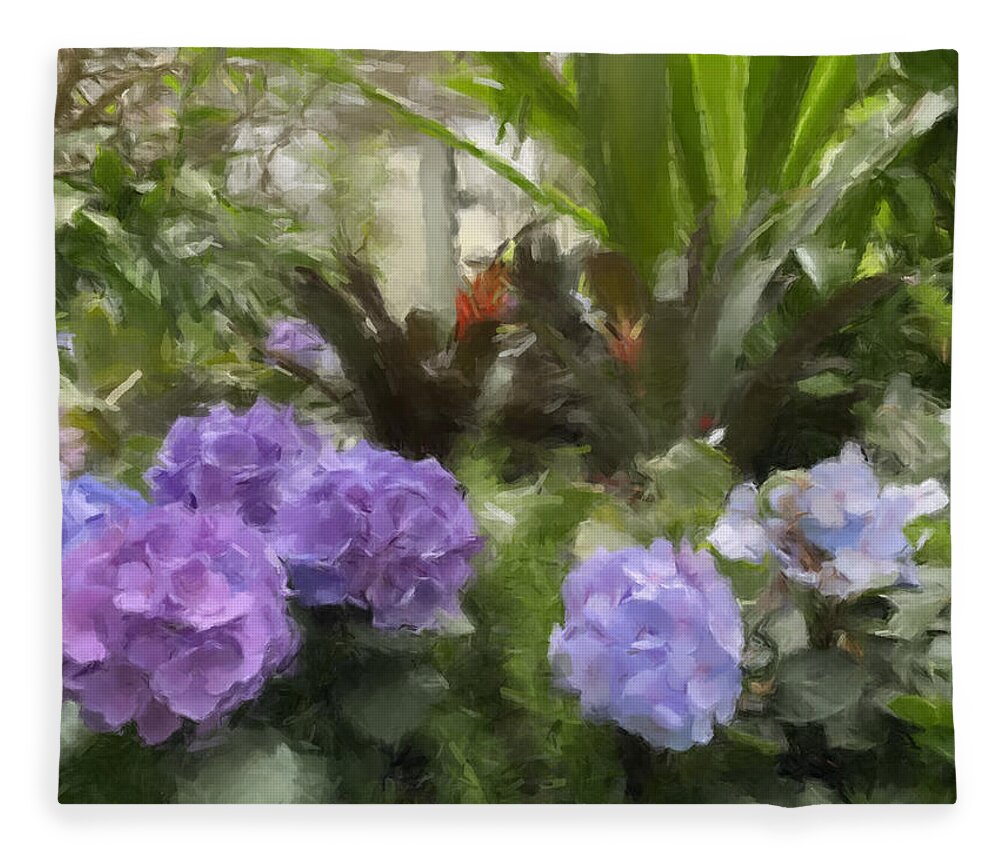 Flowers Fleece Blanket featuring the painting Purple and Blue Hydrangeas by Gary Arnold