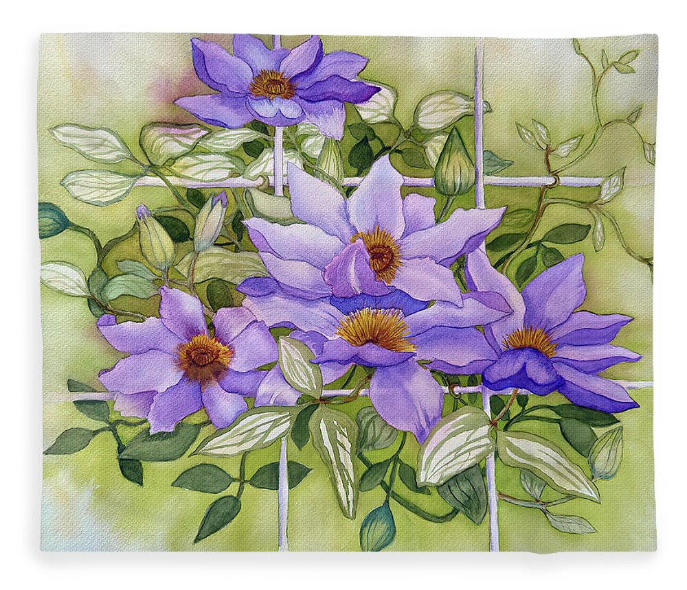 Flowers On Trellis Fleece Blanket featuring the painting Purple Clematis Jackmanii On White Trellis by Deborah League