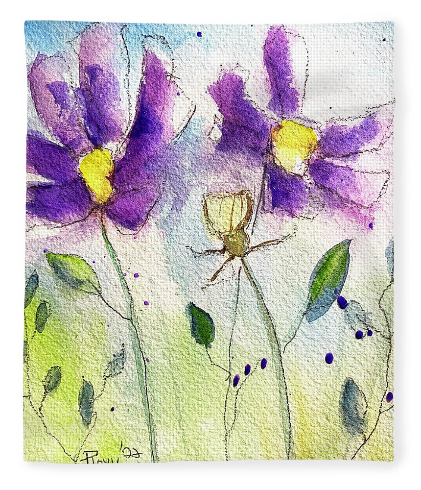 Cosmos Fleece Blanket featuring the painting Purple Cosmos by Roxy Rich