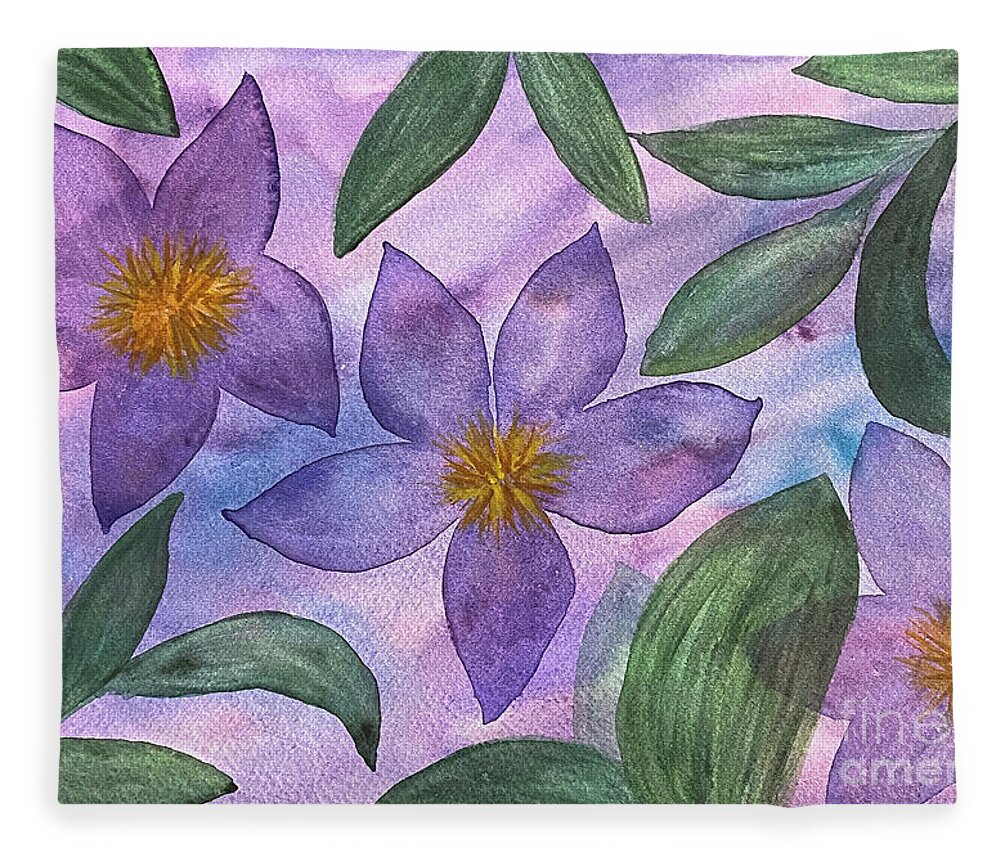 Purple Flowers Fleece Blanket featuring the painting Purple Flowers by Lisa Neuman