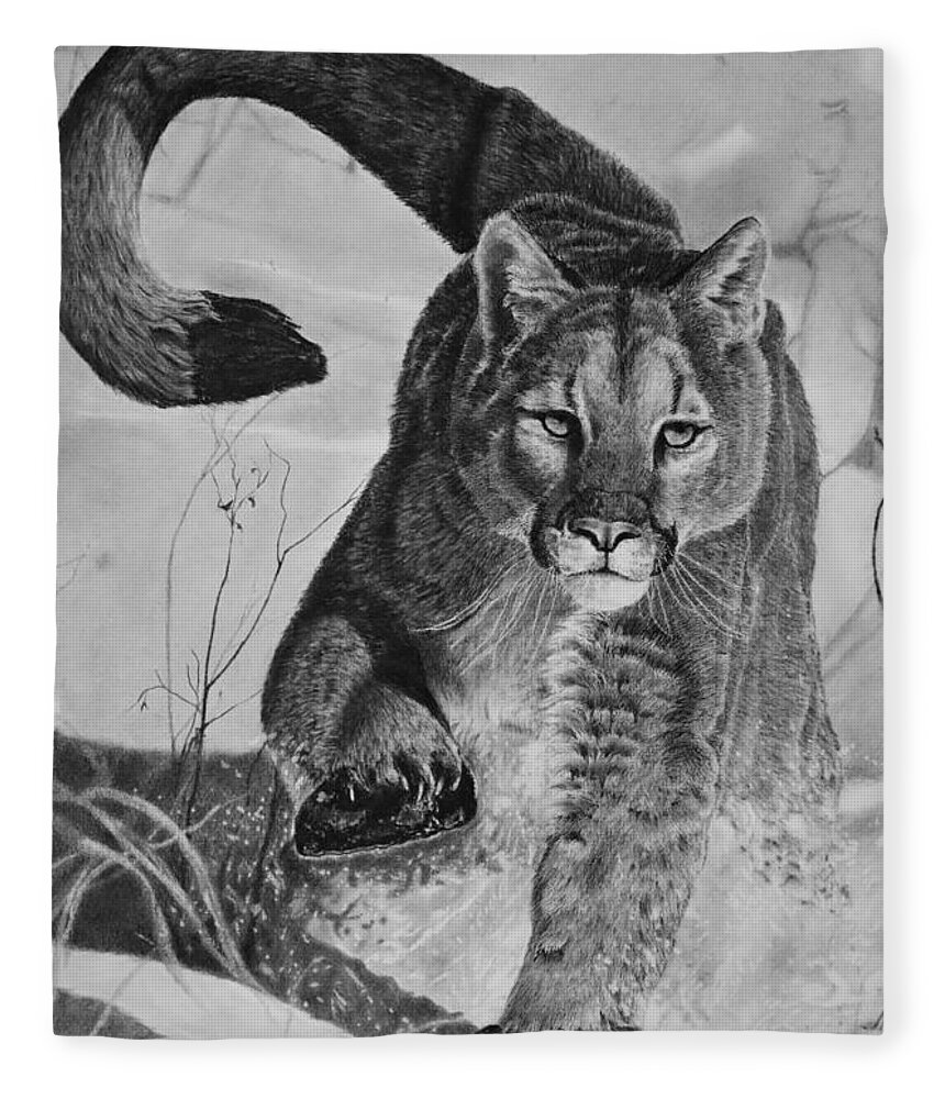 Mountain Lion Fleece Blanket featuring the drawing Pursuit by Greg Fox