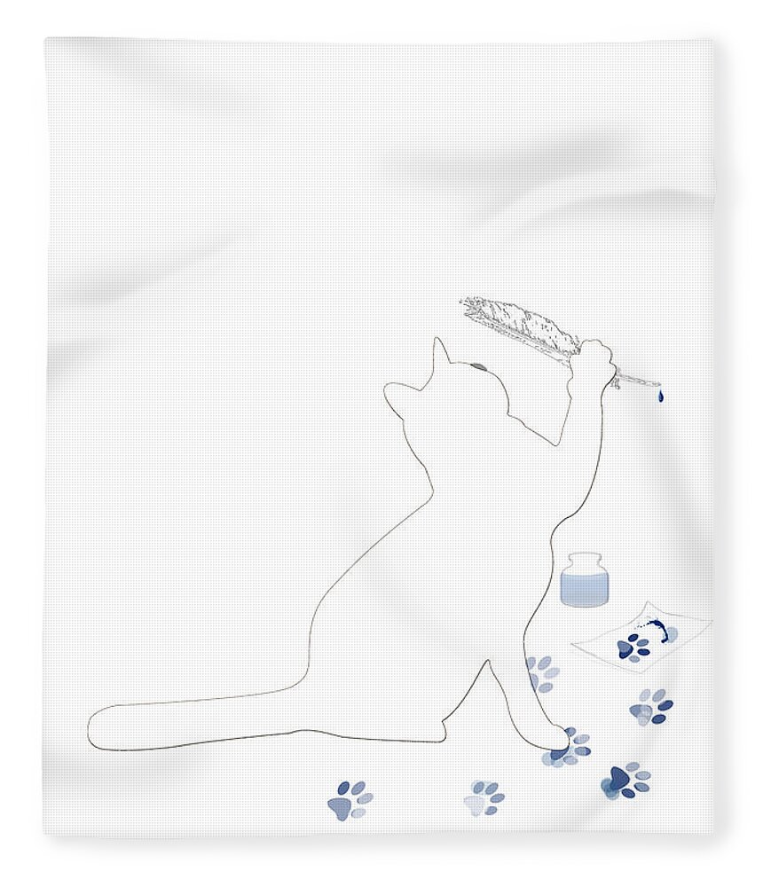 Cat Fleece Blanket featuring the mixed media Putting Paw to Paper by Moira Law