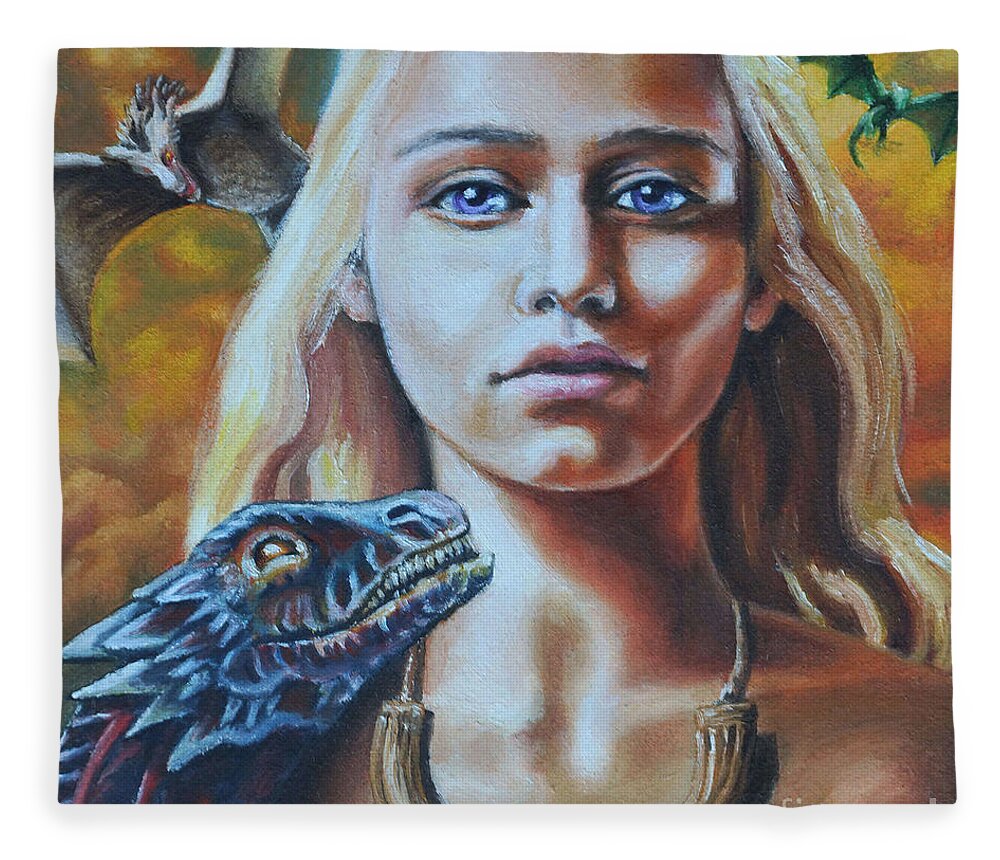 Mother Of Dragons Fleece Blanket featuring the painting Queen of Dragons by Ken Kvamme