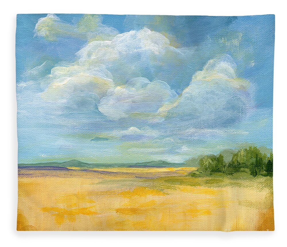 Landscape Fleece Blanket featuring the painting Quiet - Nebraska Skies by Annie Troe