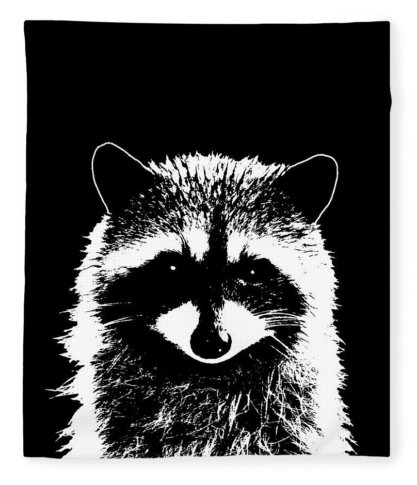 Raccoon Fleece Blanket featuring the mixed media Raccoon 25 Black and white by Lucie Dumas