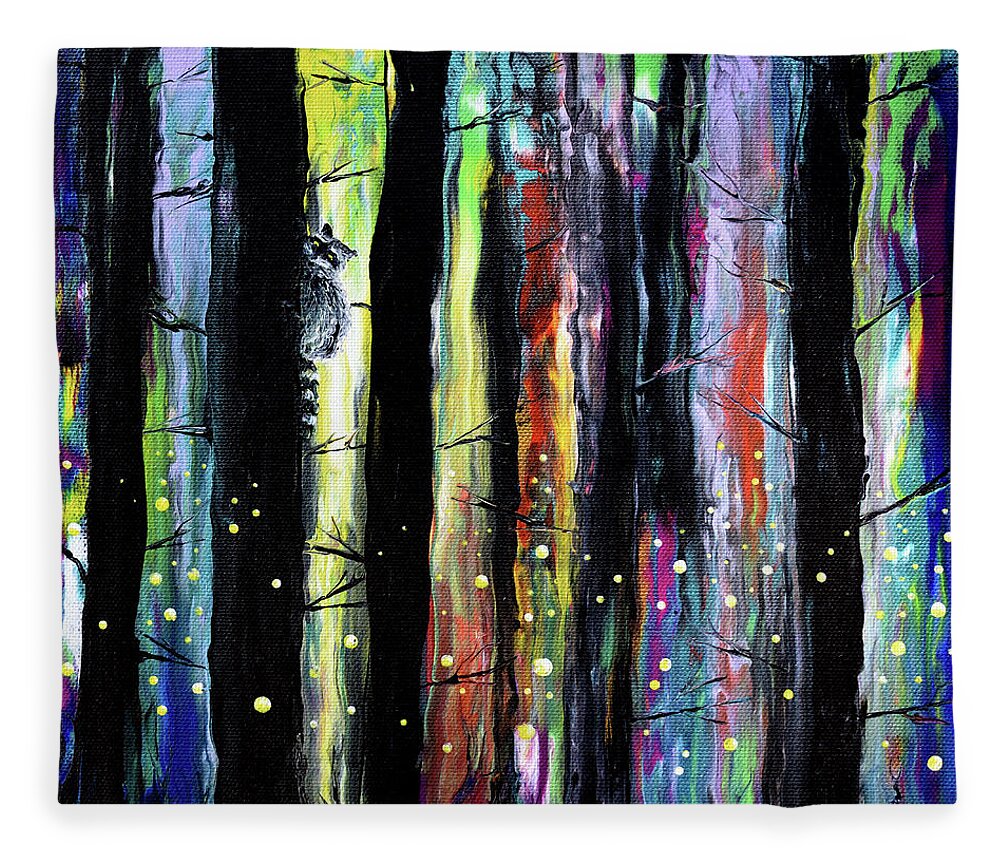 Raccoon Fleece Blanket featuring the painting Raccoon and Fireflies by Laura Iverson
