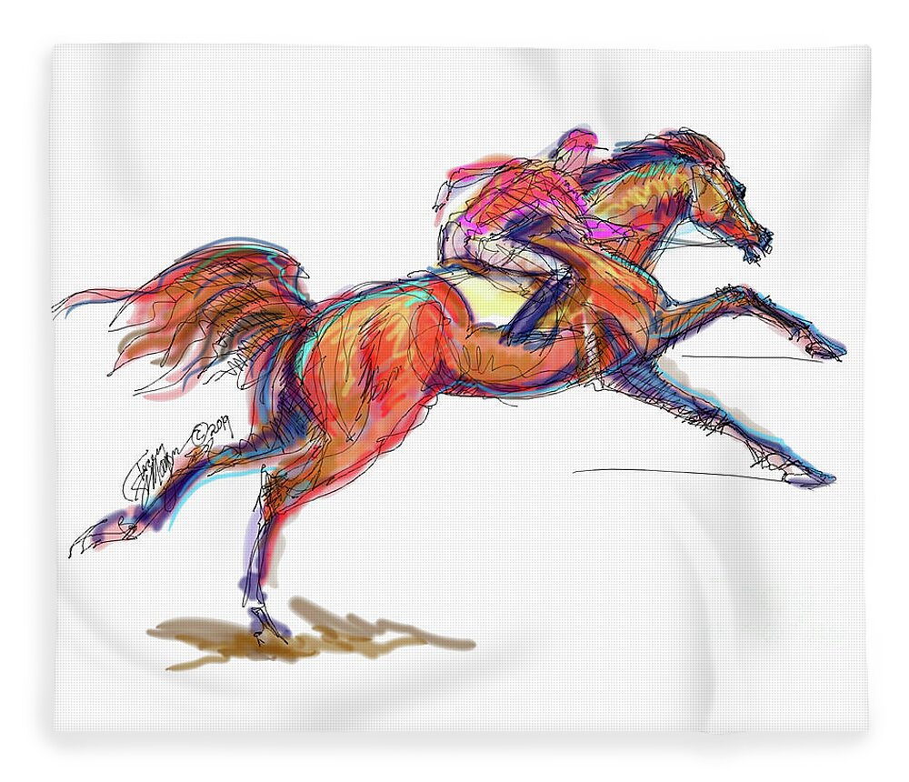 Thoroughbreds; Racehorses; Racing; Horse Race; Jockey; Degas; Contemporary Art; Contemporary Equine Art; Modern Equine Art; Equine Art Cards; Equine Art Gifts; Racehorse Gifts; Race Horse Mugs Fleece Blanket featuring the digital art Race Horse for Julie June Stewart by Stacey Mayer