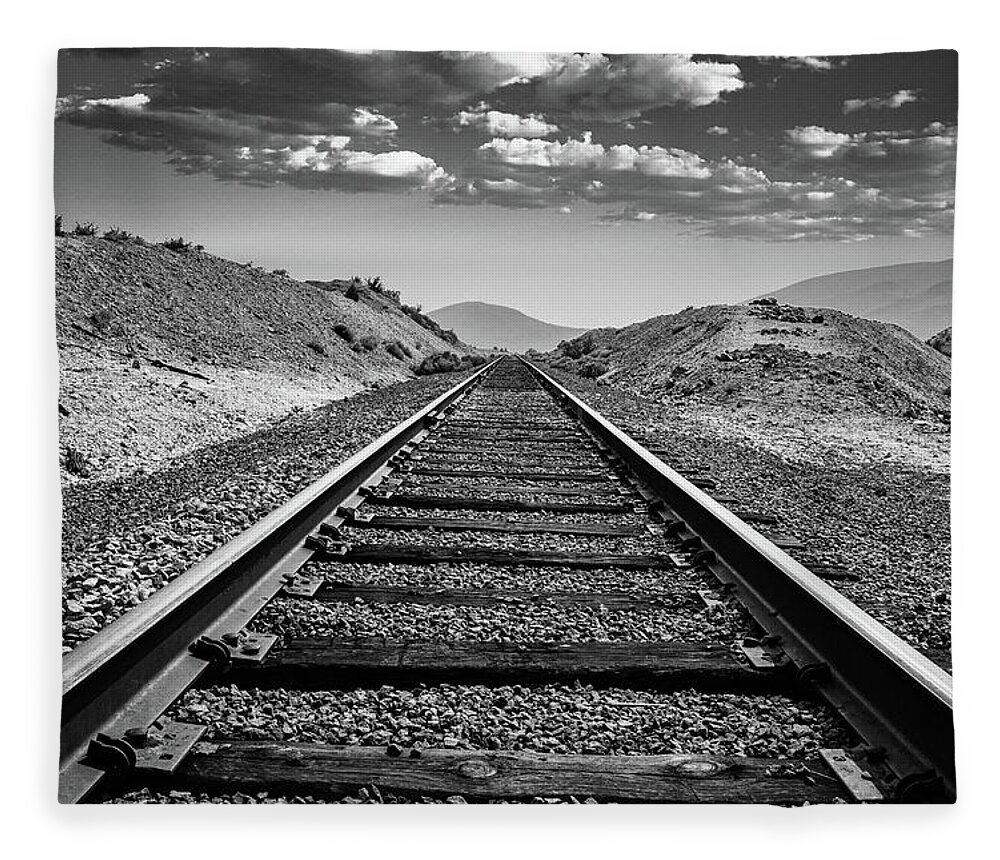 Gold Hill Fleece Blanket featuring the photograph Rail to Infinity Black and White by Ron Long Ltd Photography