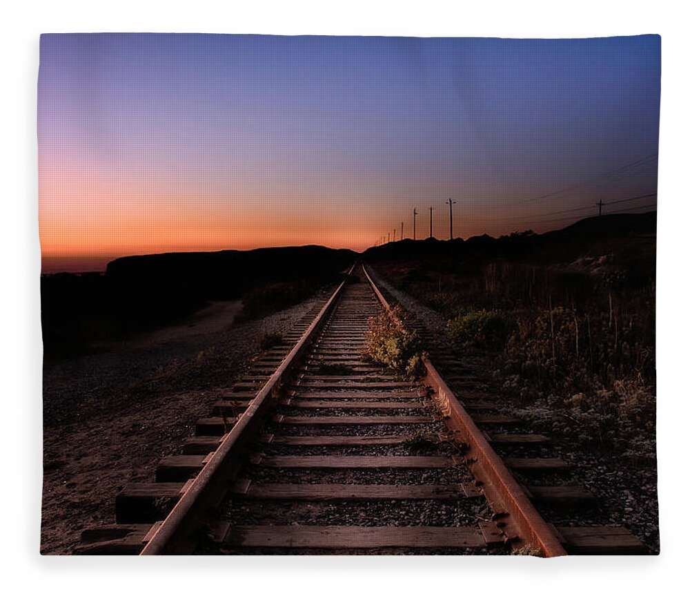 Sunset Fleece Blanket featuring the photograph Railroad Tracks Leading To Sunset by Gary Geddes