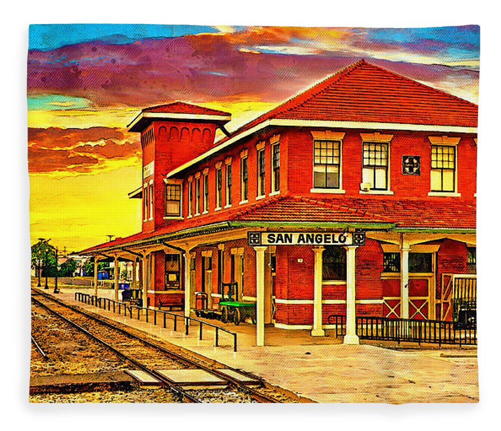 Railway Museum Fleece Blanket featuring the digital art Railway Museum of San Angelo, Texas, at sunset - digital painting by Nicko Prints