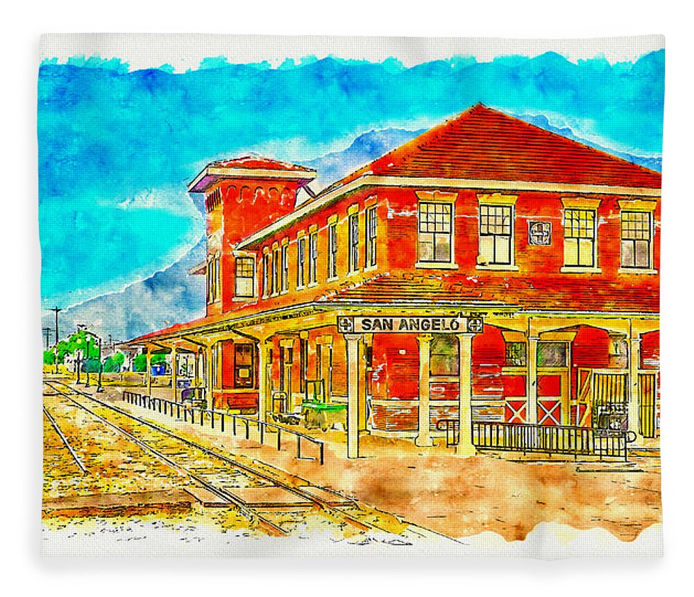Railway Museum Fleece Blanket featuring the digital art Railway Museum of San Angelo, Texas - pen sketch and watercolor by Nicko Prints