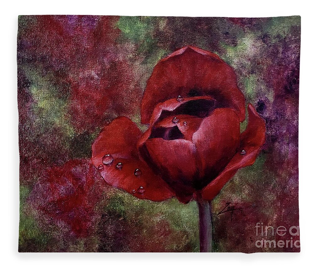 ​bloom Fleece Blanket featuring the ceramic art Rain Kissed Tulip by Zan Savage