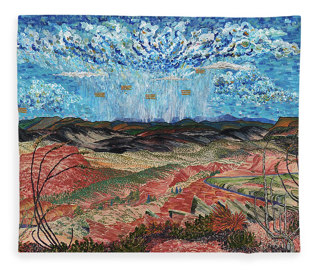 Desert Rain Fleece Blanket featuring the painting Rain Spirit.  by ArtStudio Mateo