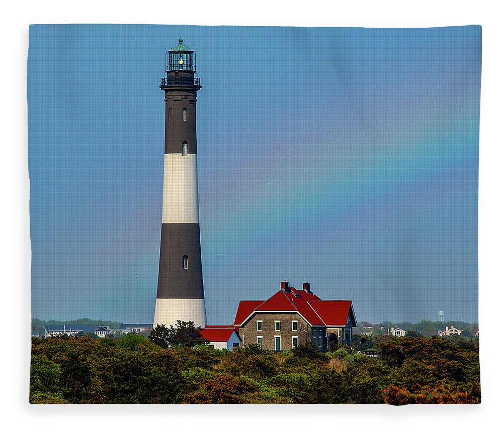 Lighthouse Fleece Blanket featuring the photograph Rainbow At The Lighthouse by Cathy Kovarik
