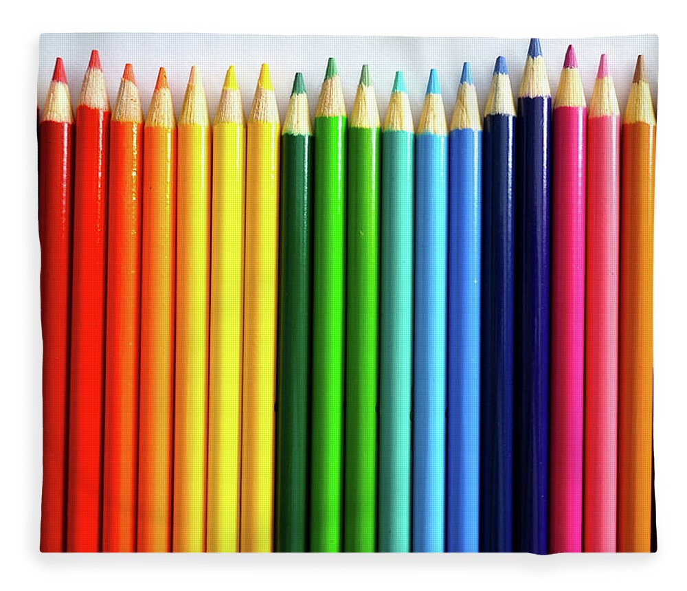 Rainbow Colored Pencils Lined Up on White Background Fleece Blanket by  Ocean Breeze - Pixels
