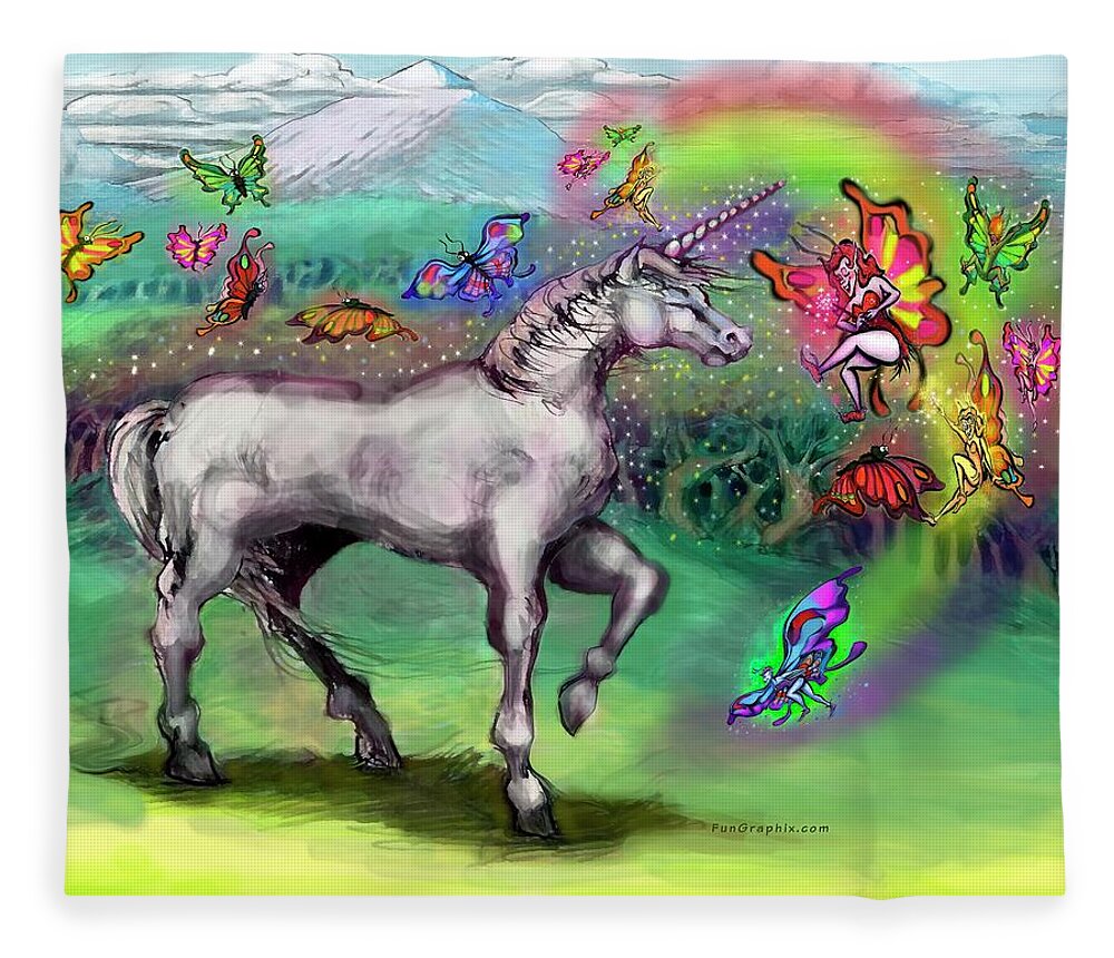 Rainbow Fleece Blanket featuring the painting Rainbow Faeries and Unicorn by Kevin Middleton