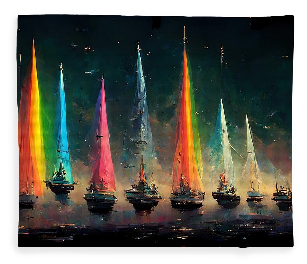 Sailing Fleece Blanket featuring the digital art Rainbow Fleet by Nickleen Mosher