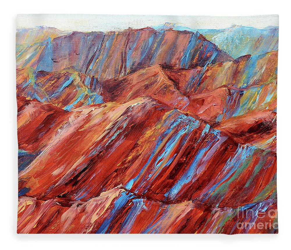 Zhangye Danxia Geological Park Fleece Blanket featuring the painting Rainbow Mountains by Zan Savage