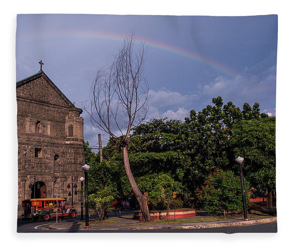 Rainbow Fleece Blanket featuring the photograph Rainbow over Malate Church by Arj Munoz