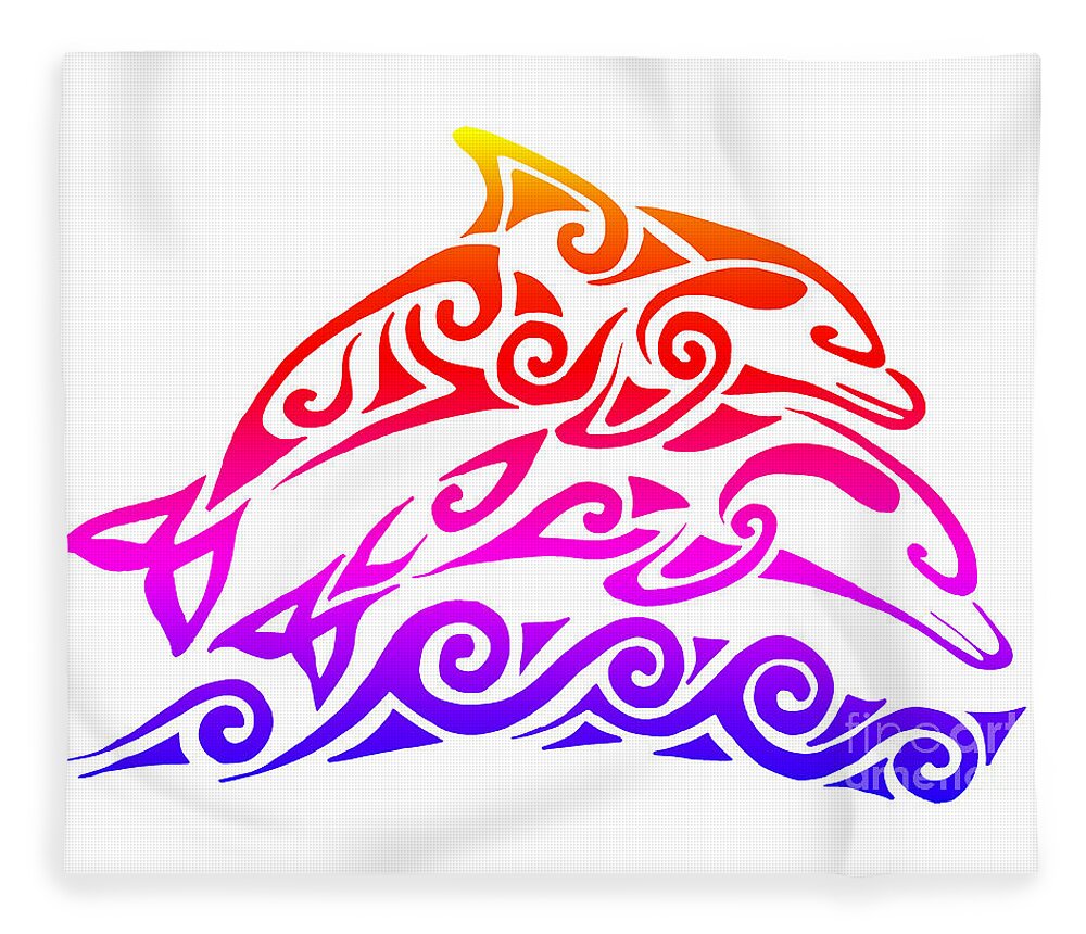 Dolphin Fleece Blanket featuring the mixed media Rainbow Tribal Dolphins by Rebecca Wang