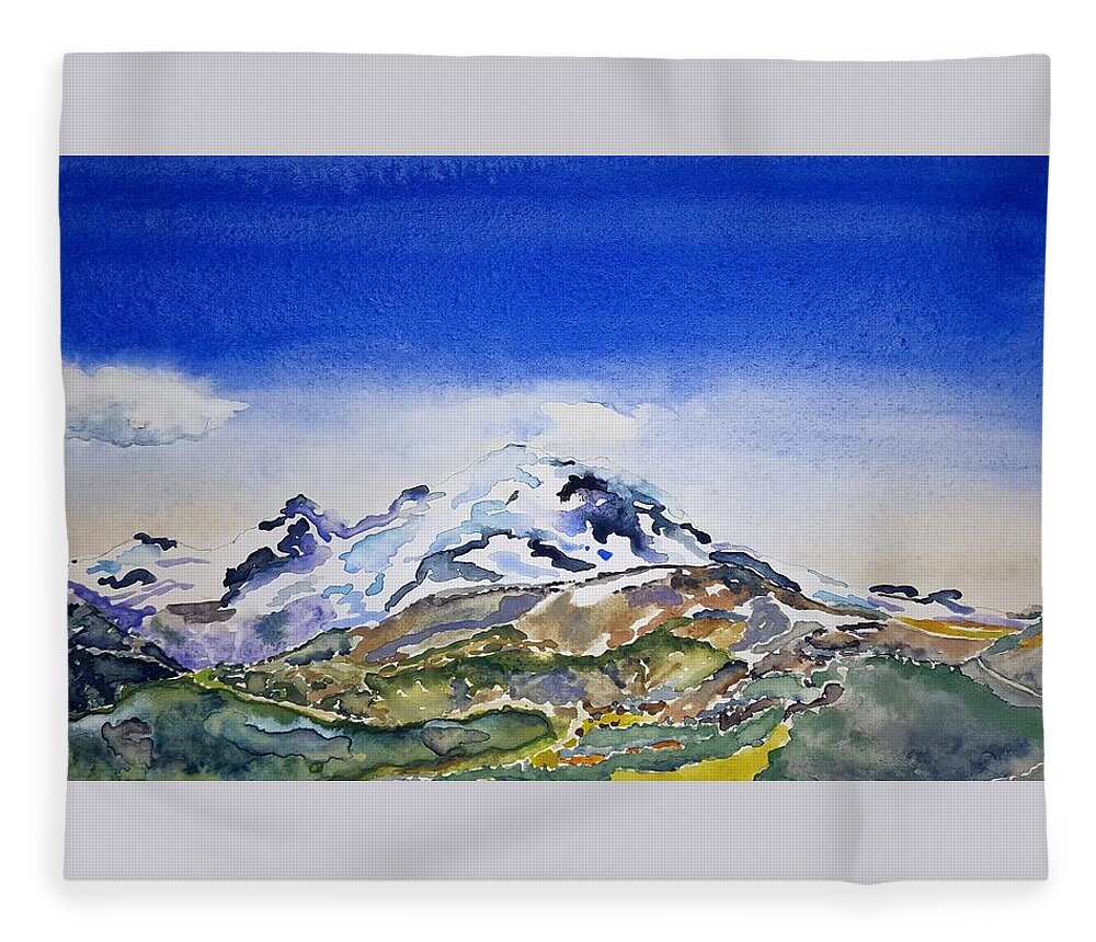 Watercolor Fleece Blanket featuring the painting Rainier Panorama by John Klobucher