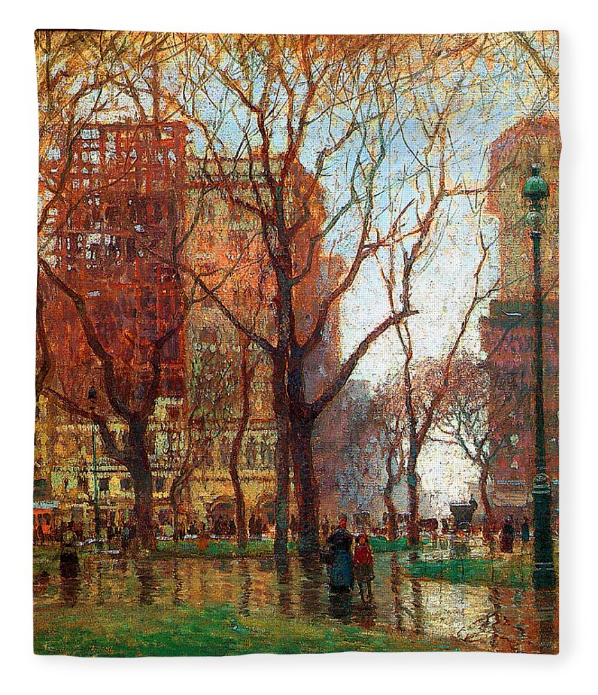 Cornoyer Fleece Blanket featuring the painting Rainy Day Madison Square New York 1907 by Paul Cornoyer