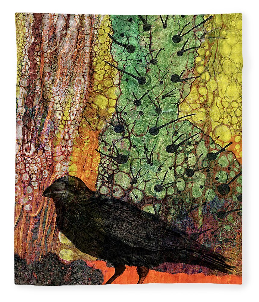 Raven Fleece Blanket featuring the mixed media Raven On The Hunt by Sandra Selle Rodriguez