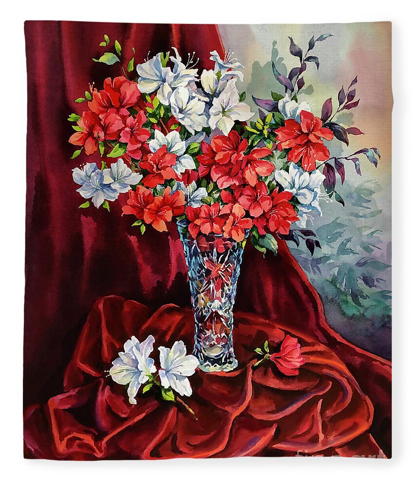 Still Life Fleece Blanket featuring the painting Red and White Azaleas by Maria Rabinky