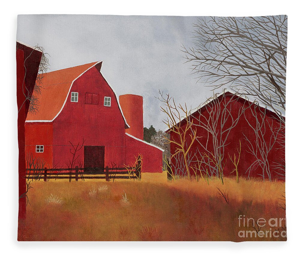 Red Barns Fleece Blanket featuring the painting Red Barns of Femme Osage Valley by Garry McMichael