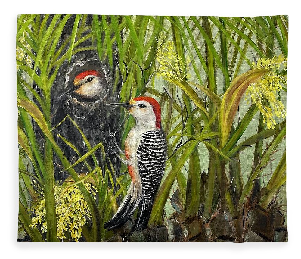 Birds Fleece Blanket featuring the painting Red Bellied Woodpeckers by Barbara Landry