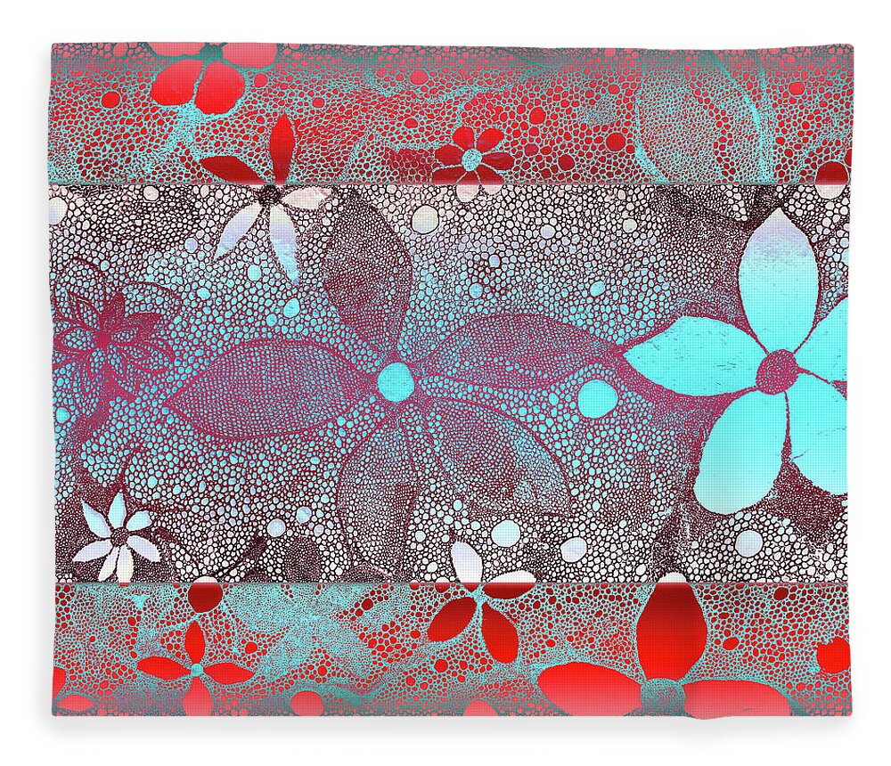 Red Fleece Blanket featuring the mixed media Red Blue Flowers In Lace by Melinda Firestone-White