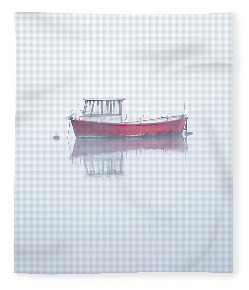 Red Boat Fleece Blanket featuring the photograph Red Boat in the Mist, Coniston Water by Anita Nicholson