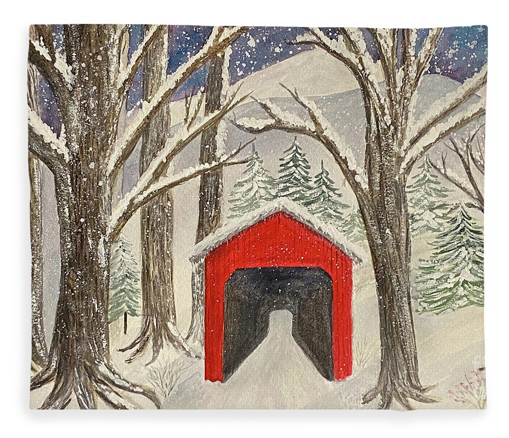 Covered Bridge Fleece Blanket featuring the painting Red Bridge in the Snow by Lisa Neuman
