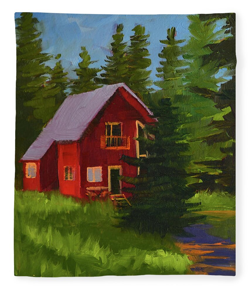 Cabin Fleece Blanket featuring the painting Red Cabin by Alice Leggett