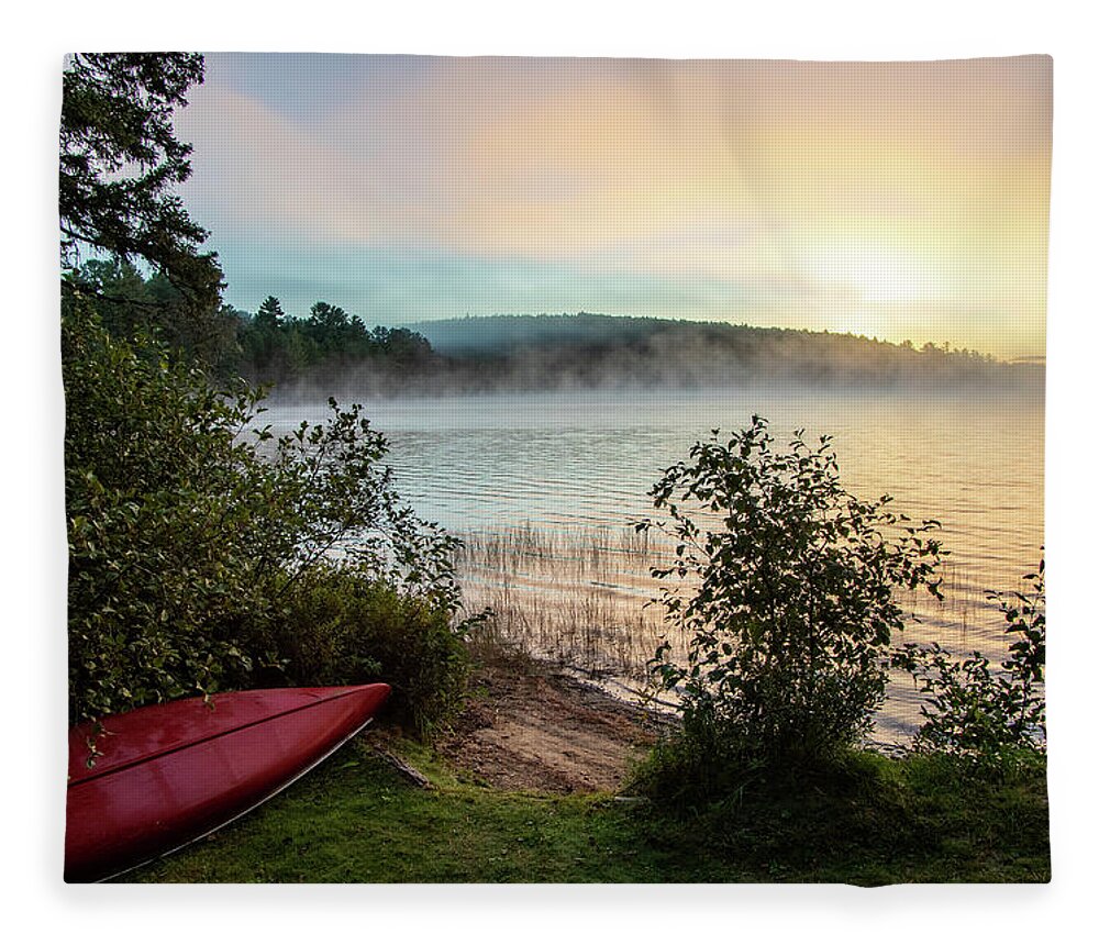 Red Fleece Blanket featuring the photograph Red Canoe Morning by Stephen Sloan