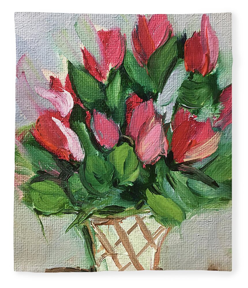 Flowers Fleece Blanket featuring the painting Red Flowers in a White Basket by Roxy Rich