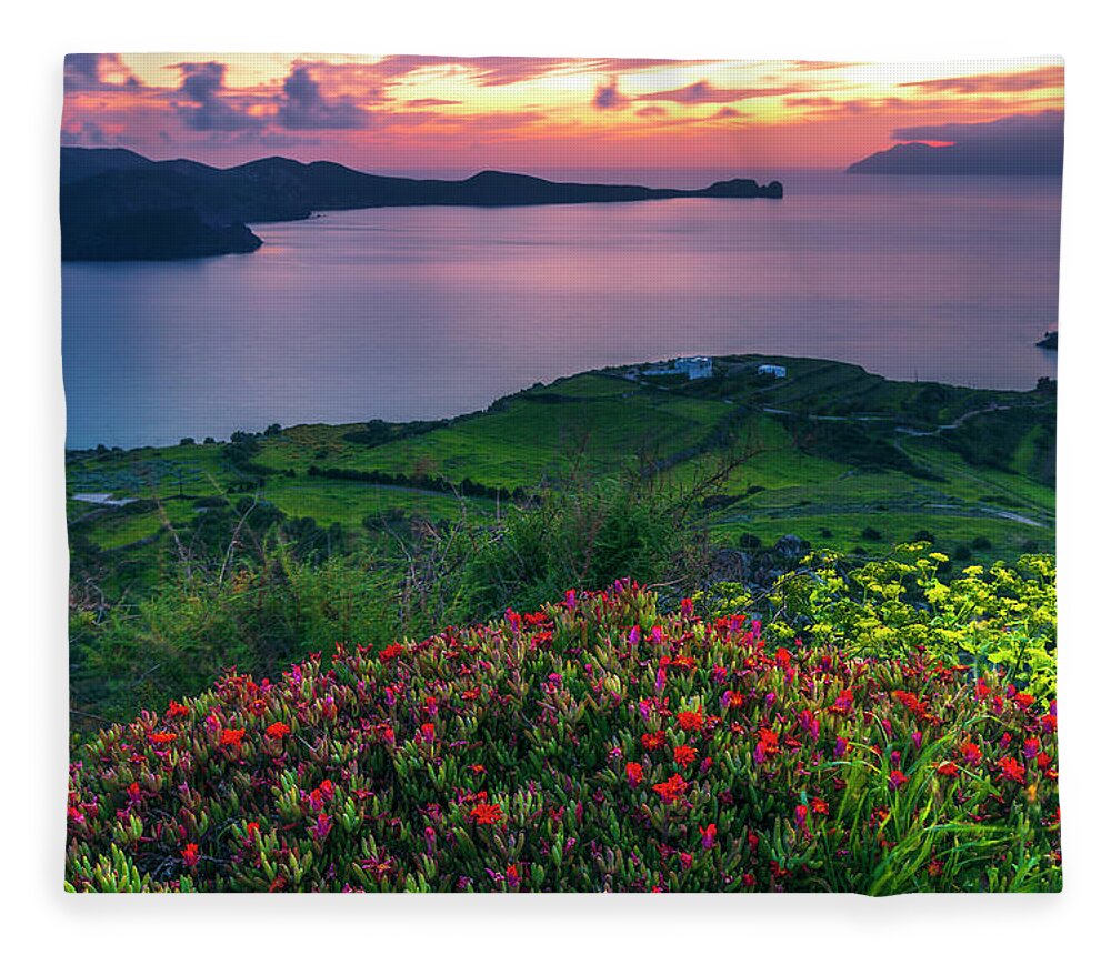 Aegean Sea Fleece Blanket featuring the photograph Red Flowers Of Milos by Evgeni Dinev
