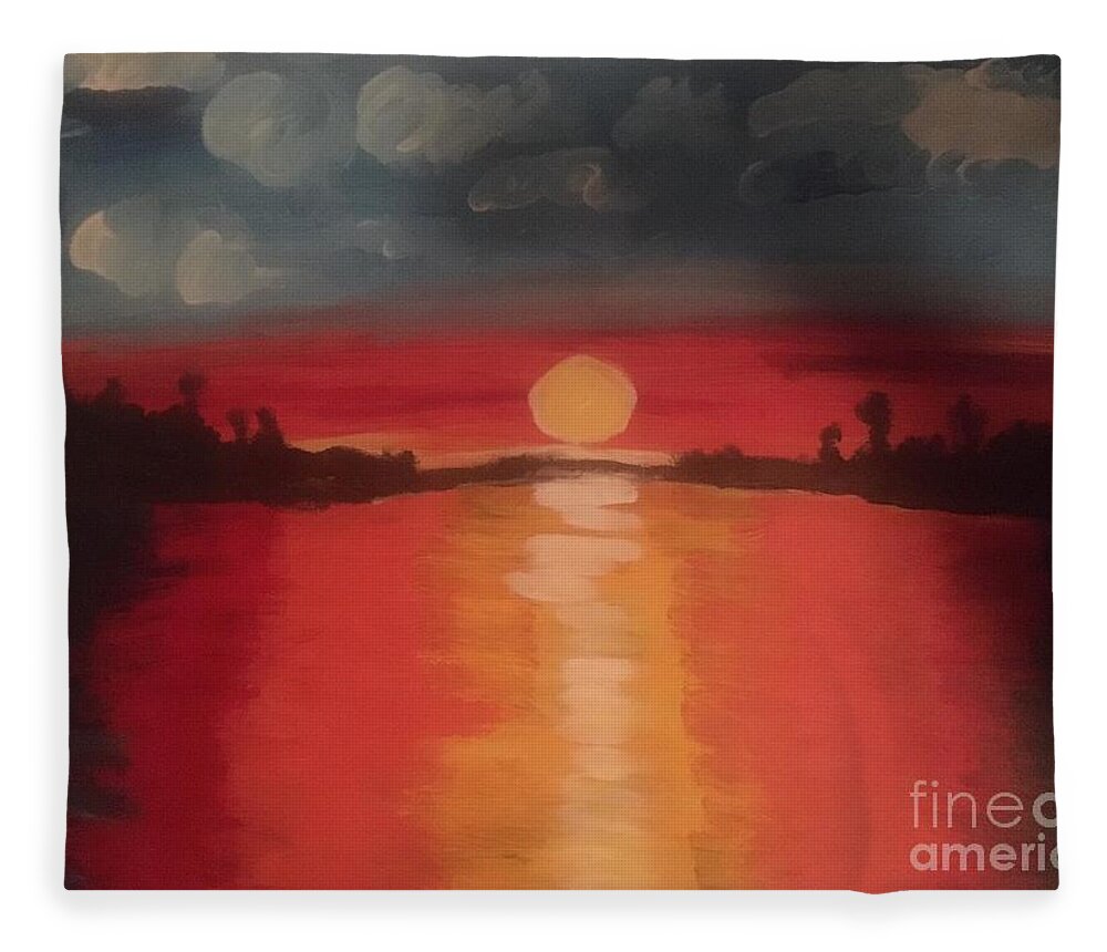Red Hot Sunset Heat Beauty Nature Love Muskoka Cottage Country Canada Fleece Blanket featuring the painting Red Hot Sunset by Nina Jatania
