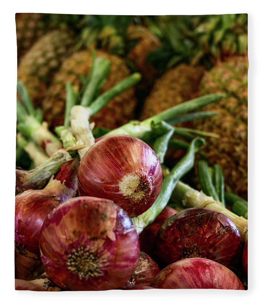 Kitchen Fleece Blanket featuring the photograph Red Onions and Pineapples by Sally Bauer