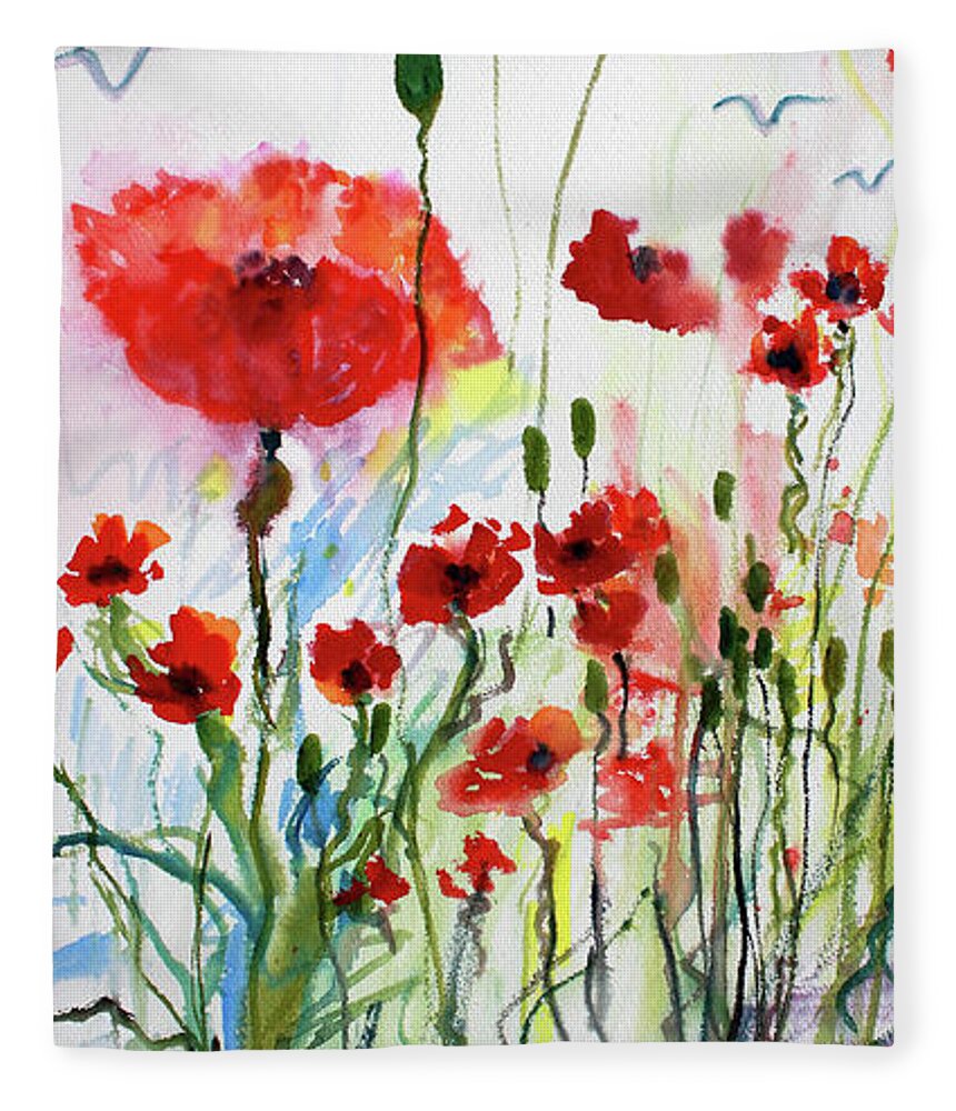 Red Poppies Fleece Blanket featuring the painting Red Poppies Simple Whimsical Watercolor by Ginette Callaway