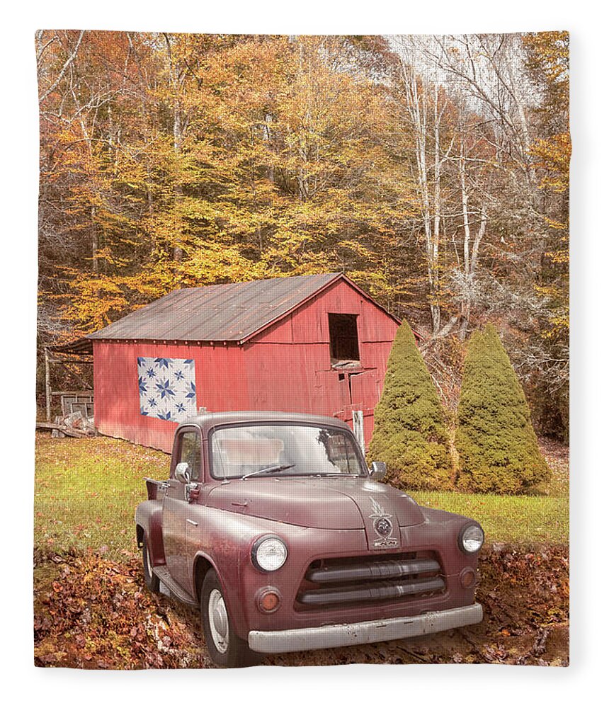 Truck Fleece Blanket featuring the photograph Red Quilt Farmhouse Barn and Truck along the Creeper Trail Damas by Debra and Dave Vanderlaan